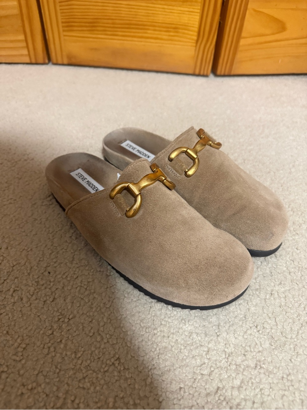 Steve Madden Beige Suede Mule Slides with Gold Hardware